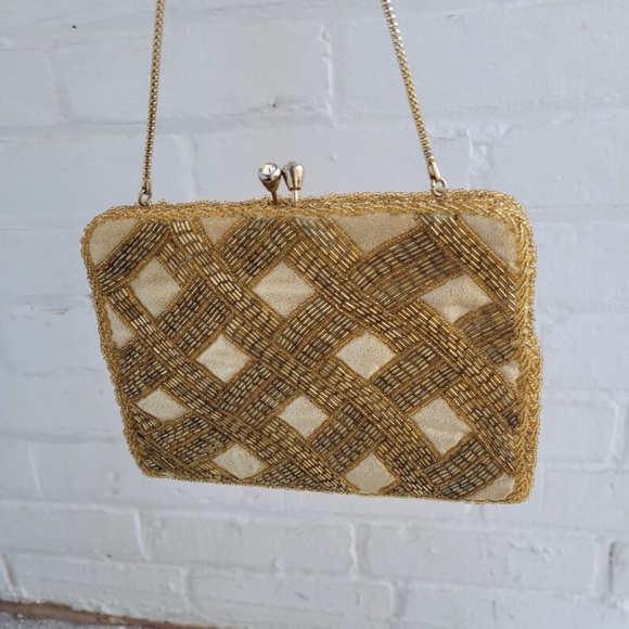 Gold vtg 1950's beaded clutch purse - Picture 5 of 9